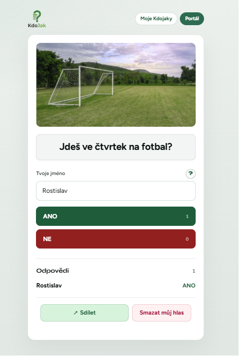 Hlasování v KdoJak — otázka o fotbalu s odpověďmi Ano a Ne