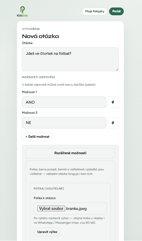 Formulář vytvoření otázky KdoJak s možnostmi Ano a Ne