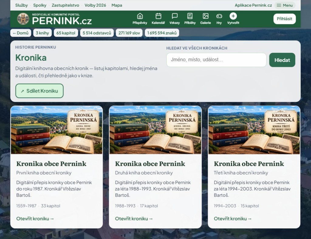 Přehled Archivní knihovny kronik na Pernink.cz — tři obecní knihy a vyhledávání