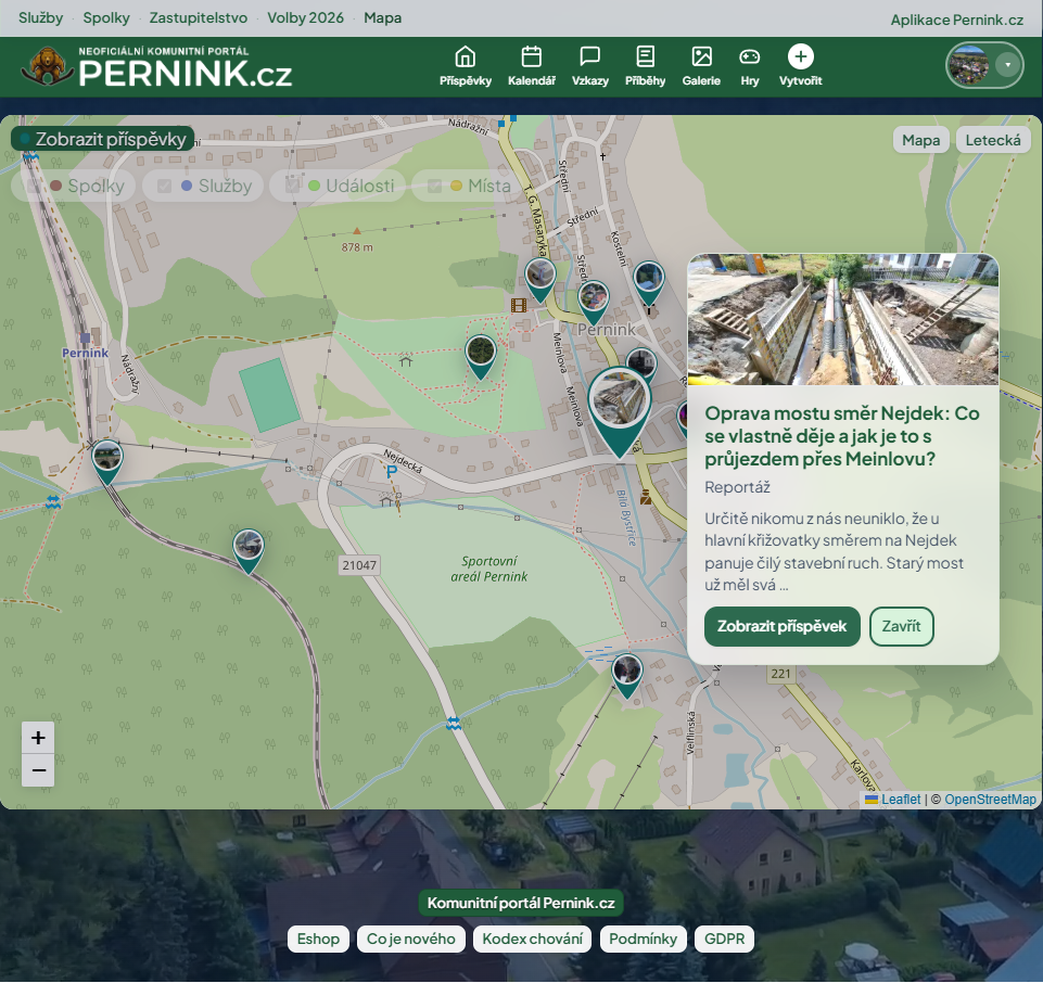 Interaktivní mapa Perninku se spolky, službami, událostmi a místy příspěvků
